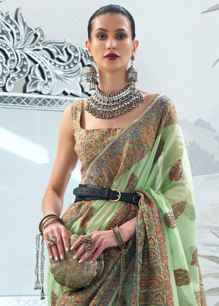 Cool Green Kashmiri Handloom Weaving Silk Saree | Stitched Blouse - qivii