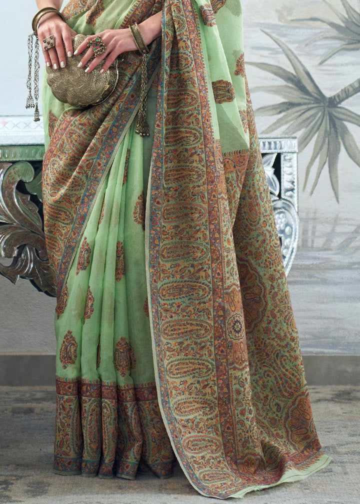 Cool Green Kashmiri Handloom Weaving Silk Saree | Stitched Blouse - qivii