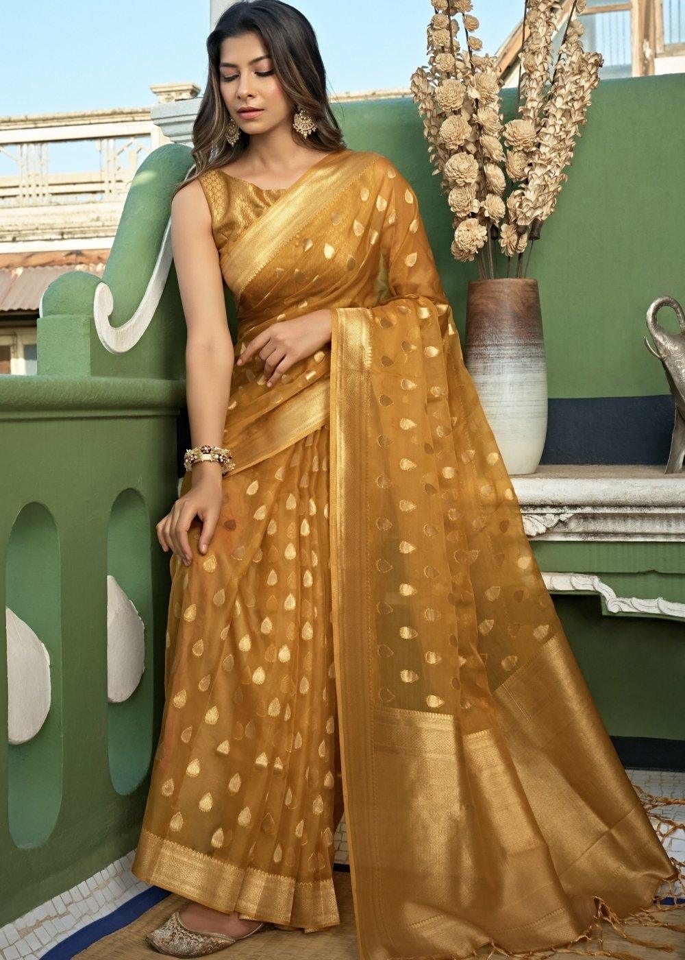 Copper Brown Zari Woven Organza Silk Saree | Stitched Blouse - qivii