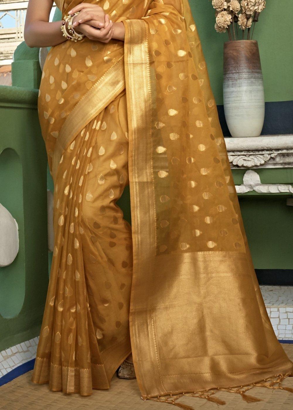 Copper Brown Zari Woven Organza Silk Saree | Stitched Blouse - qivii