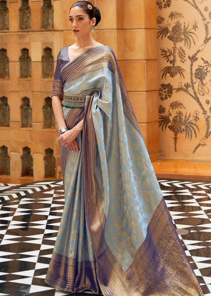 Coral Blue Zari Woven Kanjivaram Silk Saree | Stitched Blouse - qivii