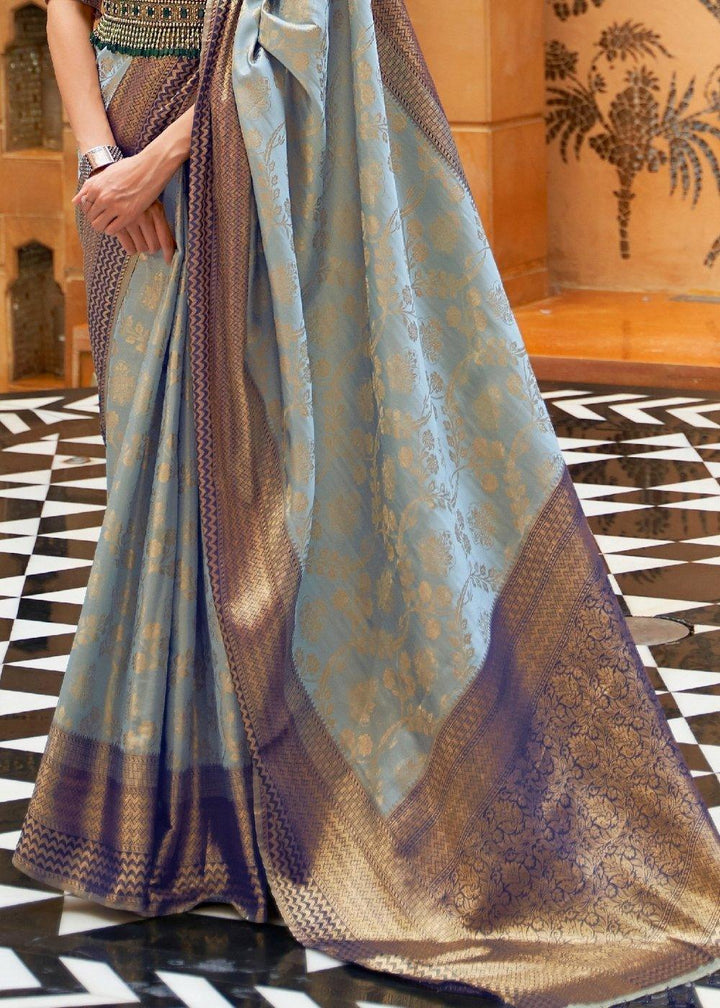 Coral Blue Zari Woven Kanjivaram Silk Saree | Stitched Blouse - qivii