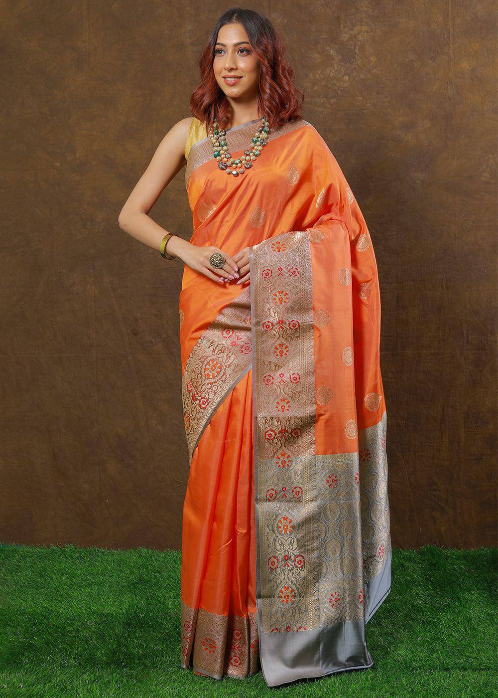 Coral Orange Hand Woven Pure Katan Silk Saree | Stitched Blouse - qivii