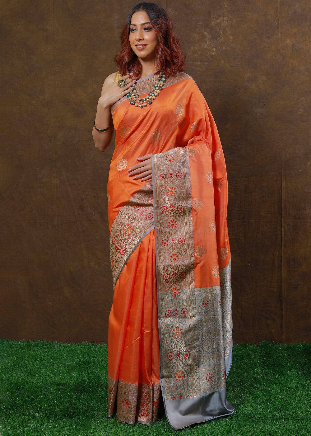 Coral Orange Hand Woven Pure Katan Silk Saree | Stitched Blouse - qivii