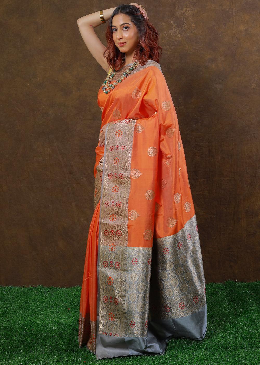 Coral Orange Hand Woven Pure Katan Silk Saree | Stitched Blouse - qivii