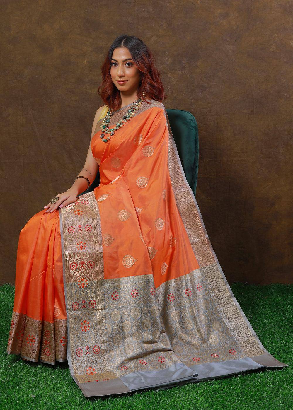 Coral Orange Hand Woven Pure Katan Silk Saree | Stitched Blouse - qivii