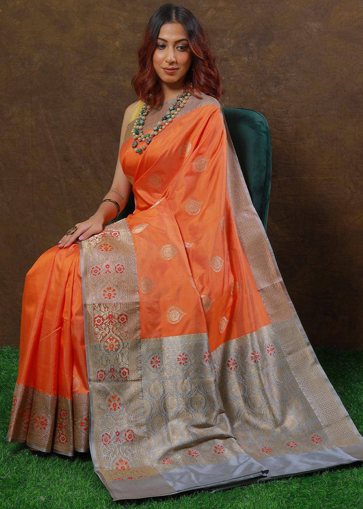 Coral Orange Hand Woven Pure Katan Silk Saree | Stitched Blouse - qivii