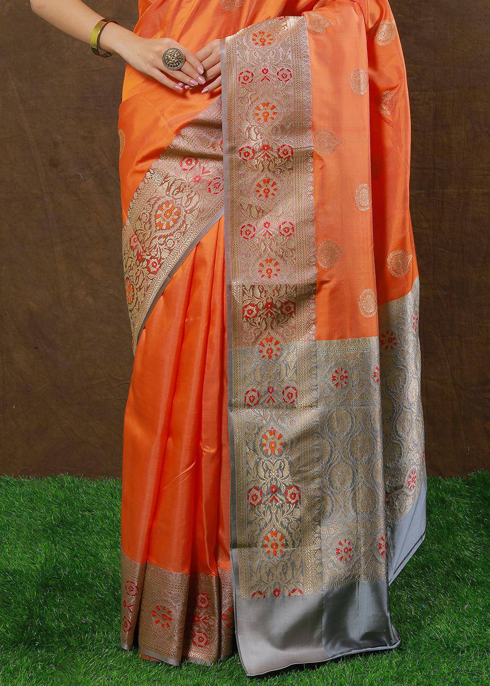 Coral Orange Hand Woven Pure Katan Silk Saree | Stitched Blouse - qivii