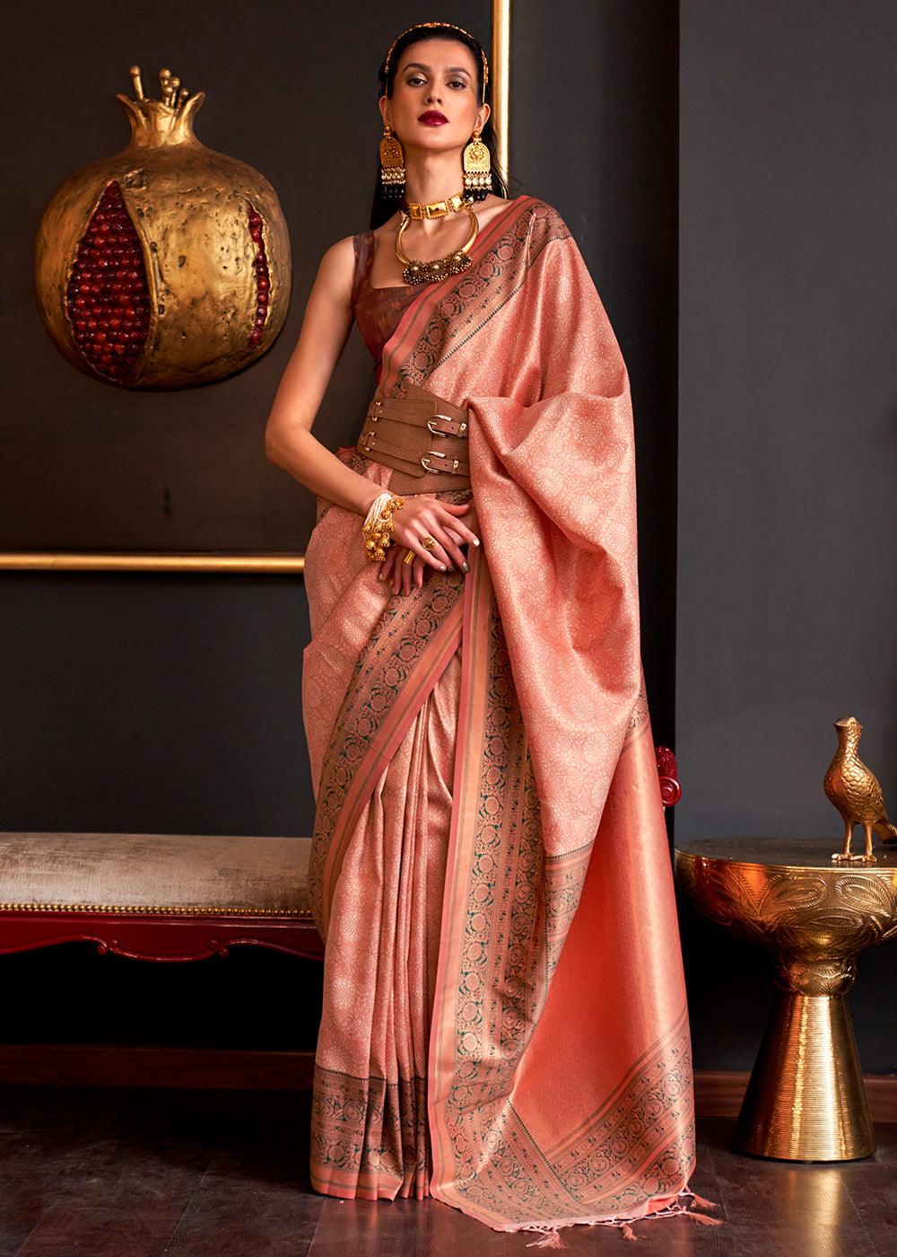 Coral Orange Handloom Woven Designer Silk Saree - qivii