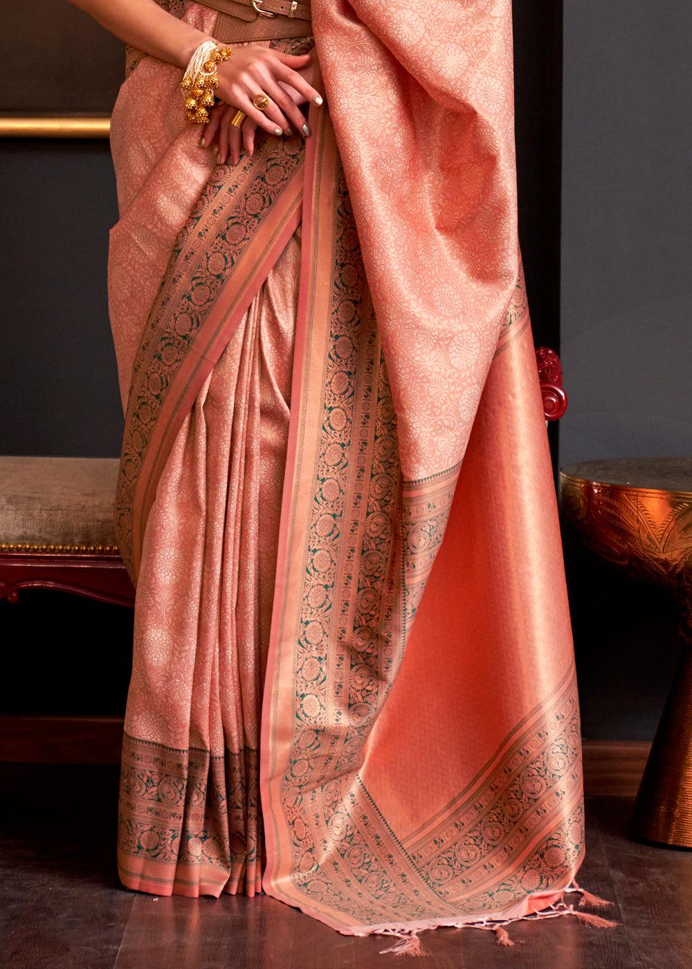 Coral Orange Handloom Woven Designer Silk Saree - qivii