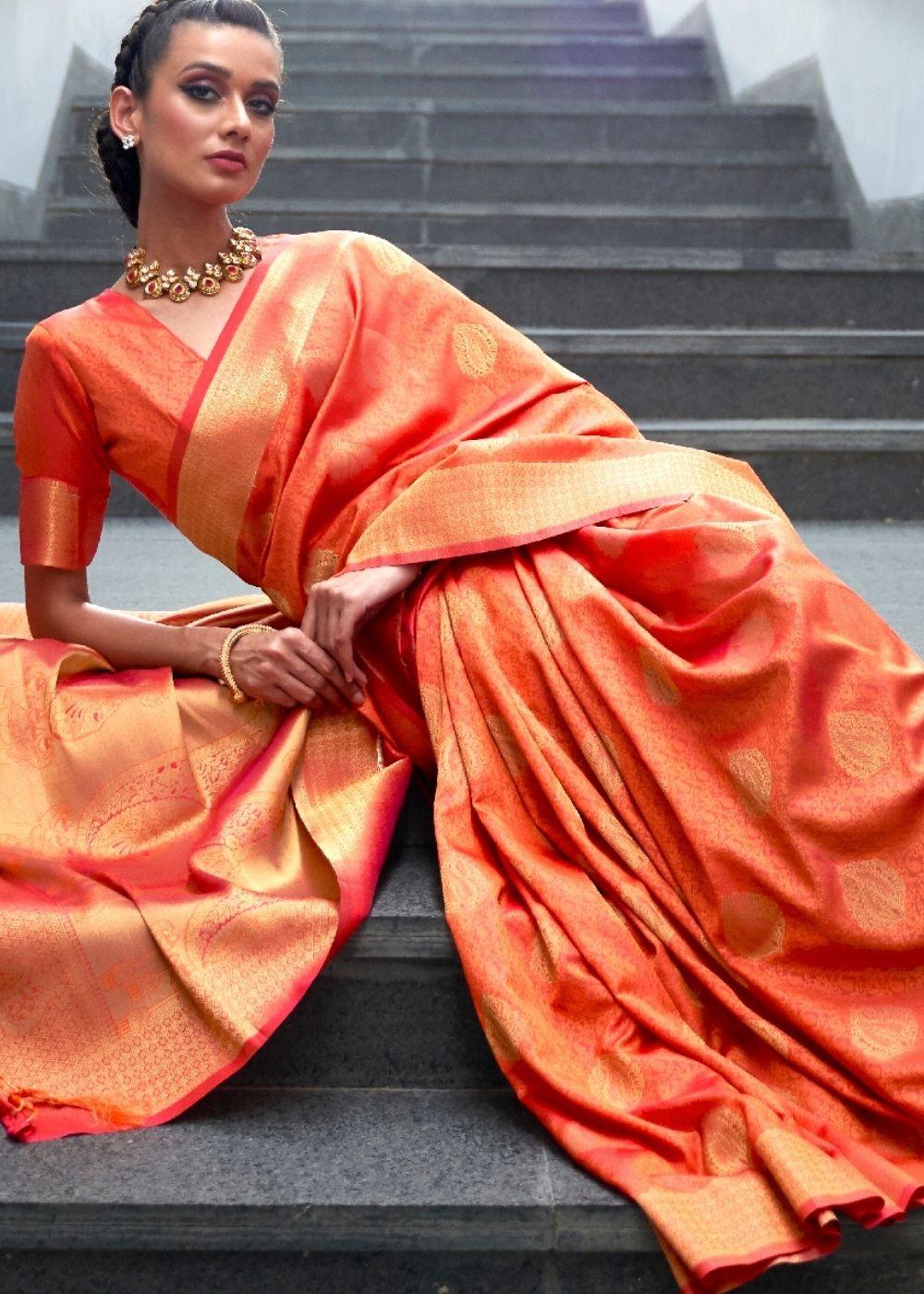 Coral Orange Woven Banarasi Silk Saree with overall Butti | Stitched Blouse - qivii