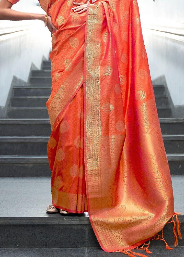 Coral Orange Woven Banarasi Silk Saree with overall Butti | Stitched Blouse - qivii