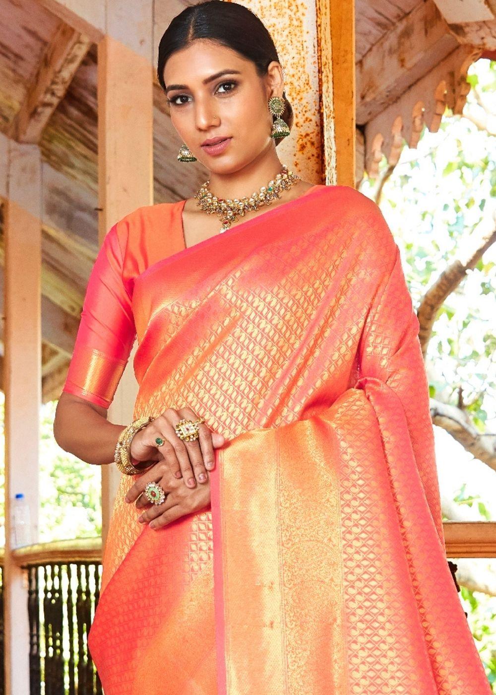 Coral Orange Woven Kanjivaram Saree:Limited Edition | Stitched Blouse - qivii