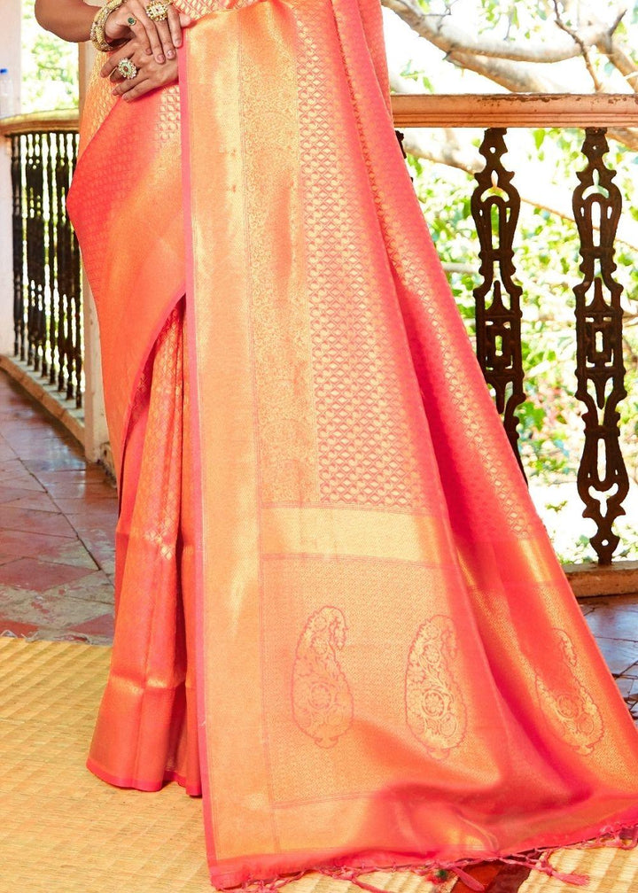 Coral Orange Woven Kanjivaram Saree:Limited Edition | Stitched Blouse - qivii