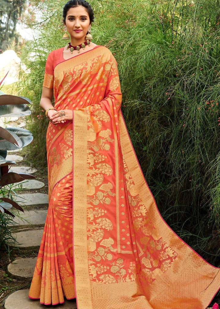 Coral Orange Zari Woven Banarasi Silk Saree | Stitched Blouse - qivii