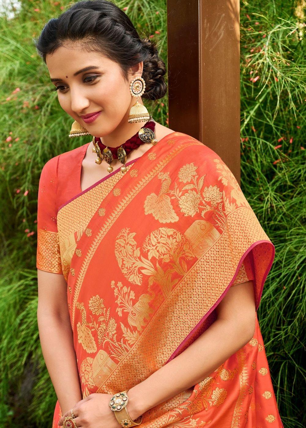 Coral Orange Zari Woven Banarasi Silk Saree | Stitched Blouse - qivii