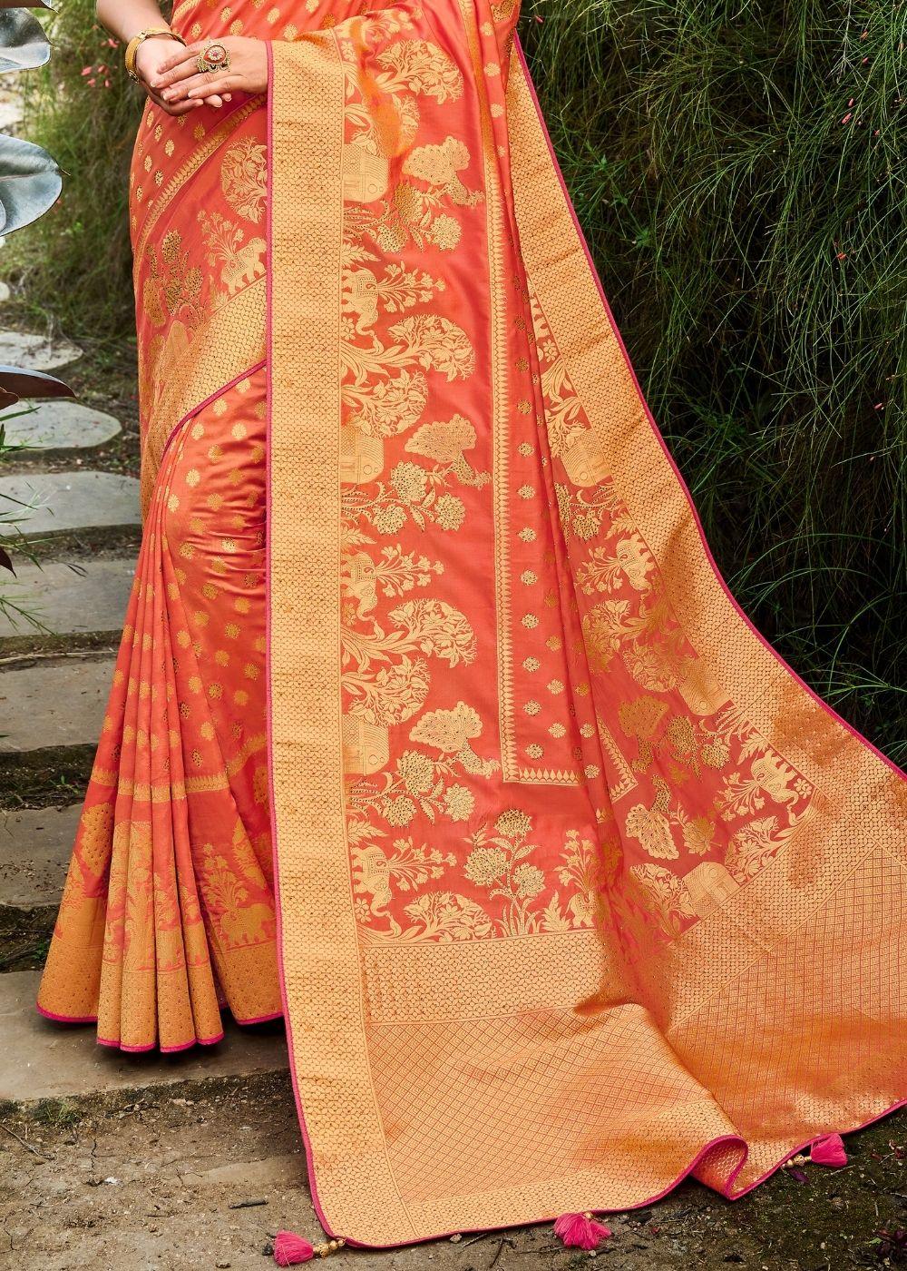 Coral Orange Zari Woven Banarasi Silk Saree | Stitched Blouse - qivii