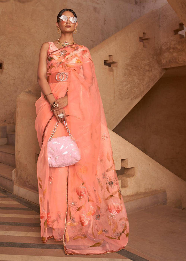 Coral Pink Digital Floral Print Organza Saree | Stitched Blouse - qivii