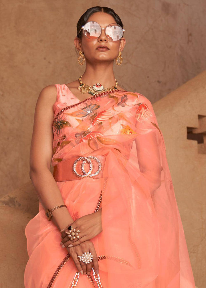 Coral Pink Digital Floral Print Organza Saree | Stitched Blouse - qivii