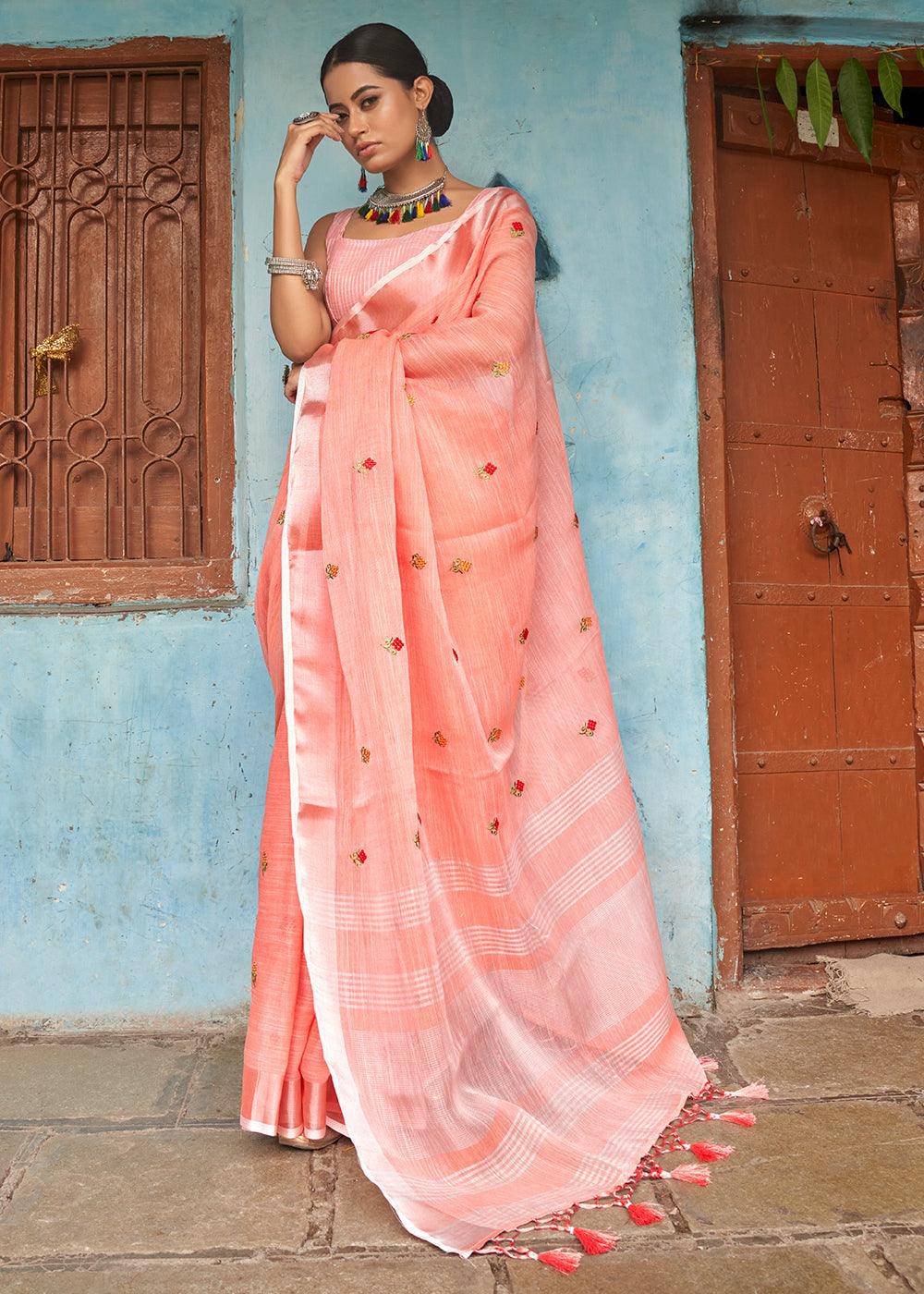 Coral Pink Floral Embroidered Linen Saree | Stitched Blouse - qivii