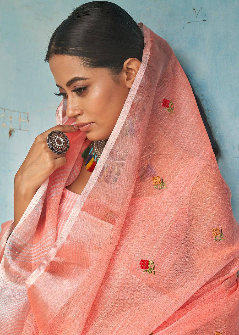 Coral Pink Floral Embroidered Linen Saree | Stitched Blouse - qivii