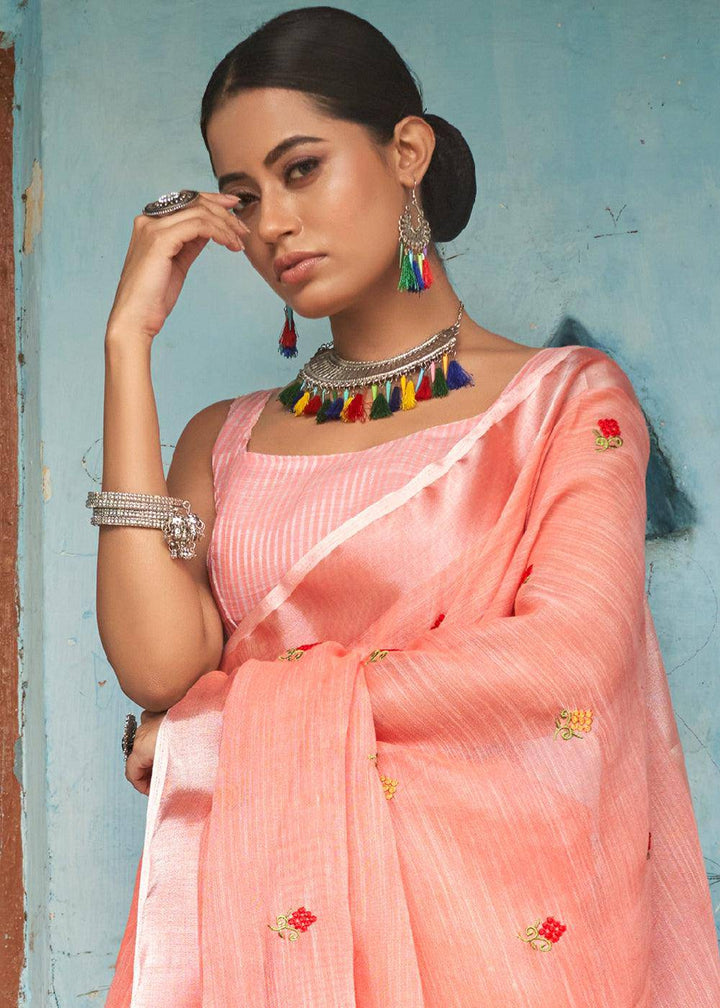 Coral Pink Floral Embroidered Linen Saree | Stitched Blouse - qivii