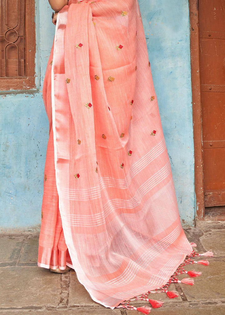 Coral Pink Floral Embroidered Linen Saree | Stitched Blouse - qivii