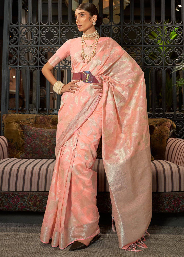 Coral Pink Handloom Woven Designer Silk Saree | Stitched Blouse - qivii