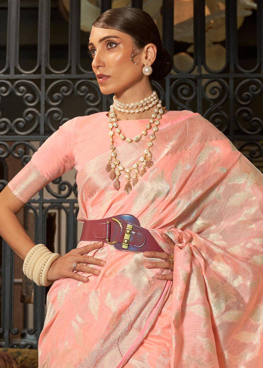 Coral Pink Handloom Woven Designer Silk Saree | Stitched Blouse - qivii