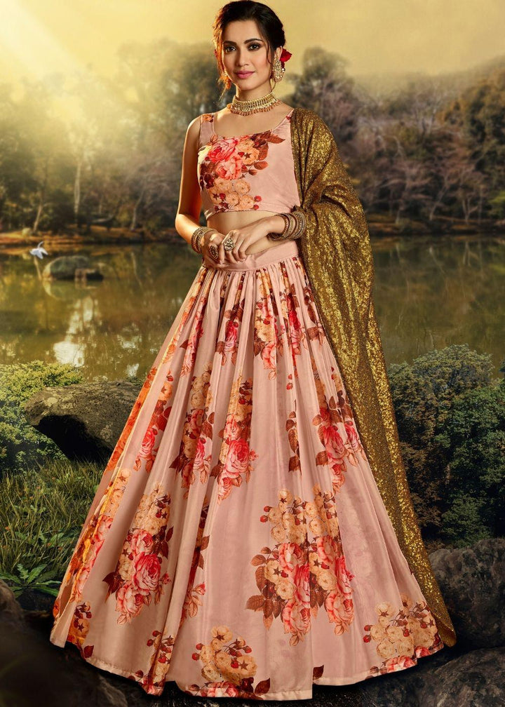 Coral Pink Organza Designer Printed Floral Lehenga Choli with Sequins and Zari work - qivii