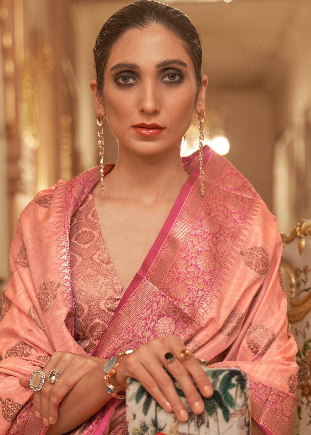 Coral Pink Zari Butta Woven Tussar Silk Saree | Stitched Blouse - qivii