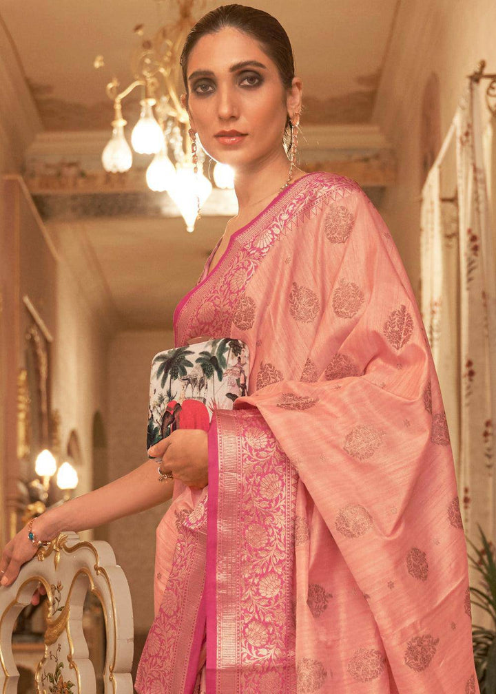 Coral Pink Zari Butta Woven Tussar Silk Saree | Stitched Blouse - qivii