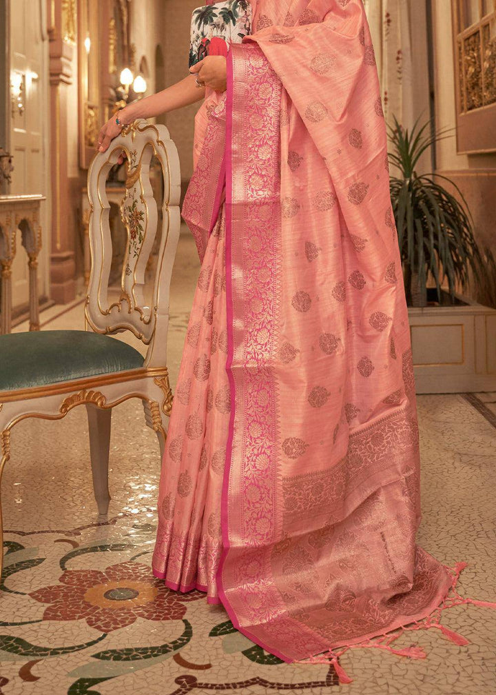 Coral Pink Zari Butta Woven Tussar Silk Saree | Stitched Blouse - qivii