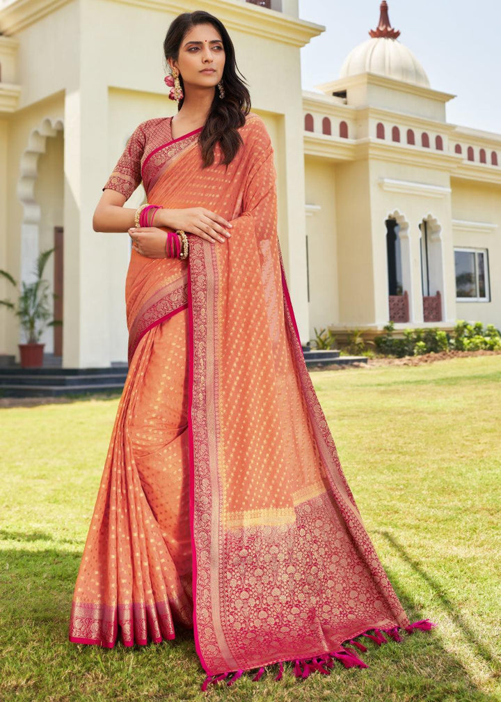 Coral Pink Zari Woven Georgette Saree with Contrast Blouse & Pallu - qivii