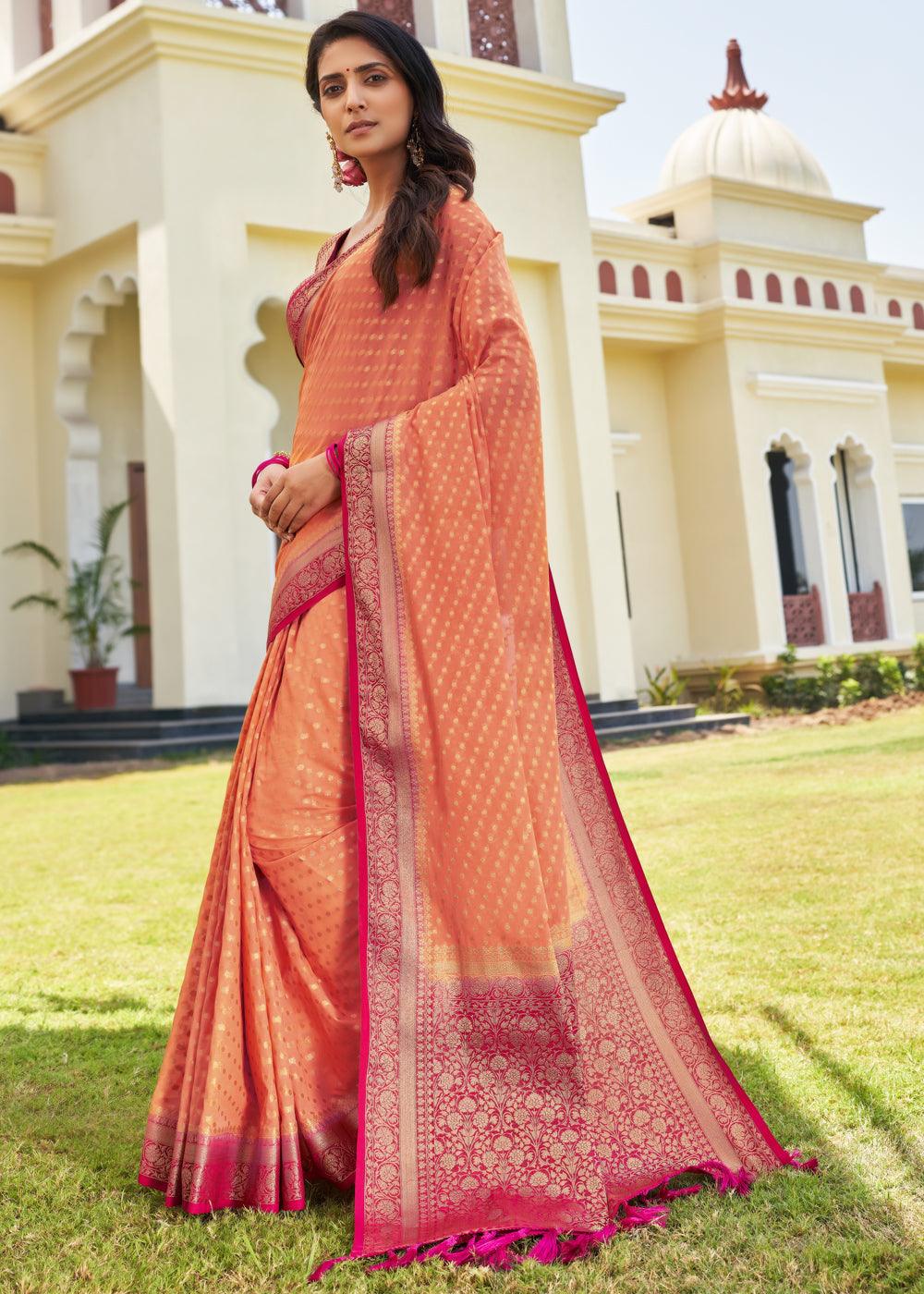 Coral Pink Zari Woven Georgette Saree with Contrast Blouse & Pallu - qivii