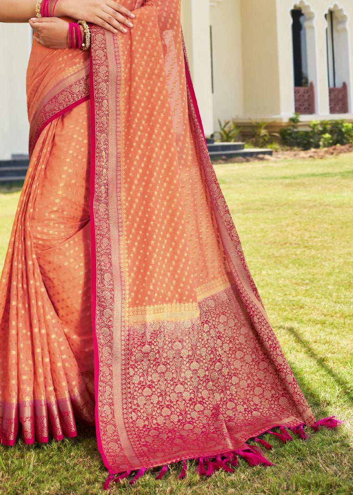 Coral Pink Zari Woven Georgette Saree with Contrast Blouse & Pallu - qivii