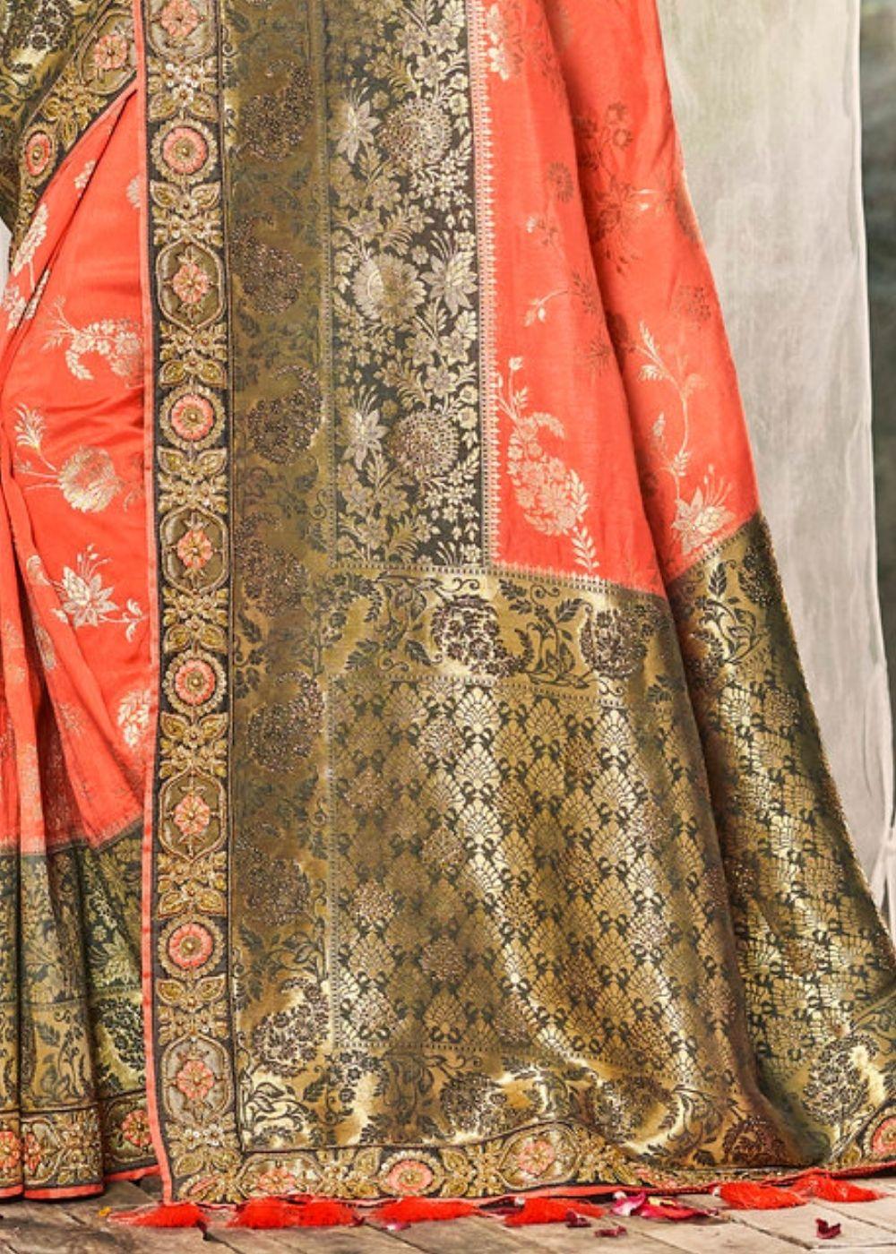 CoralPink and Grey Banarasi Dola Silk Saree with Resham Embroidery, Zari and Sequence work | Stitched Blouse - qivii