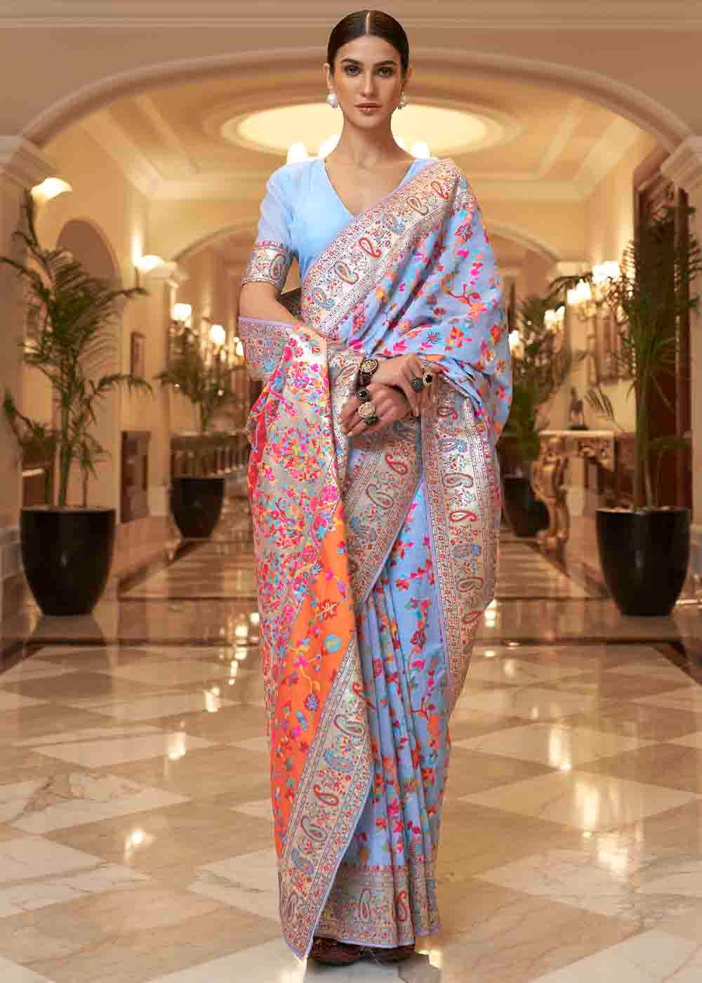 Cornflower Blue Banarasi Jamawar Woven Silk Saree | Stitched Blouse - qivii