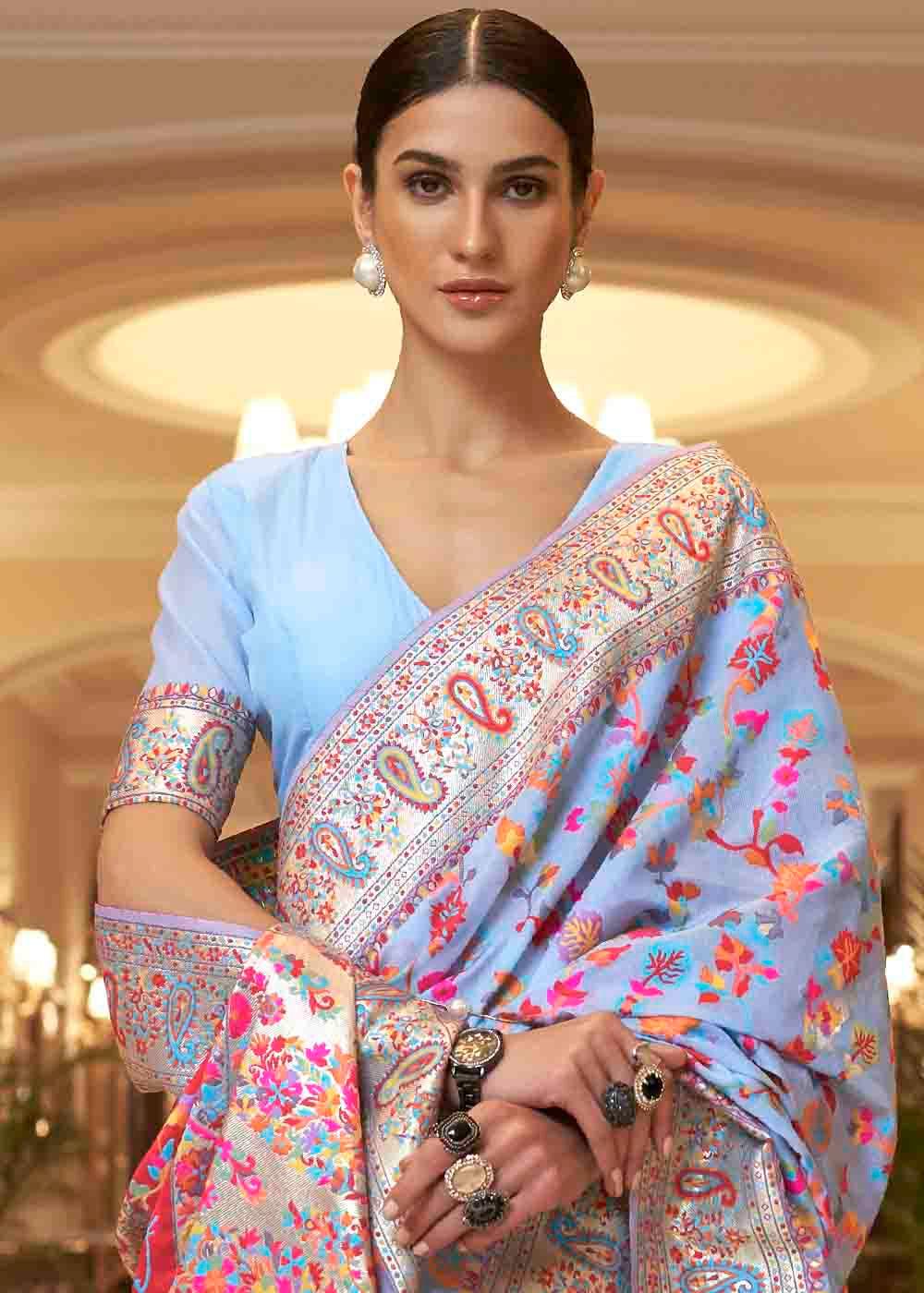 Cornflower Blue Banarasi Jamawar Woven Silk Saree | Stitched Blouse - qivii