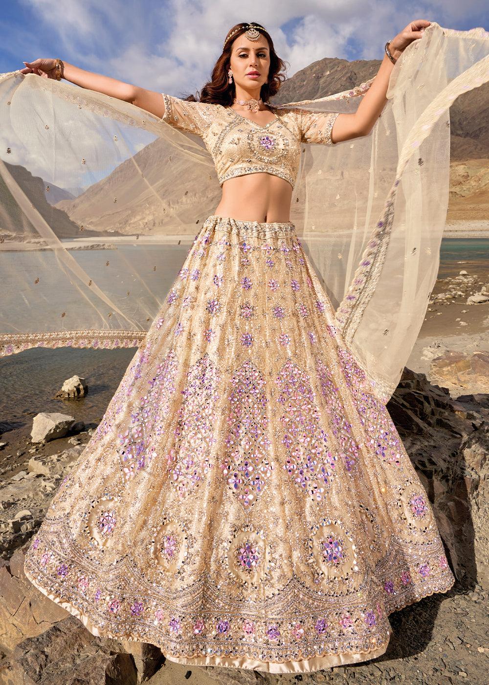 Cosmic Yellow Net lehenga Choli with Mirror,Zarkan & Cutwork - qivii