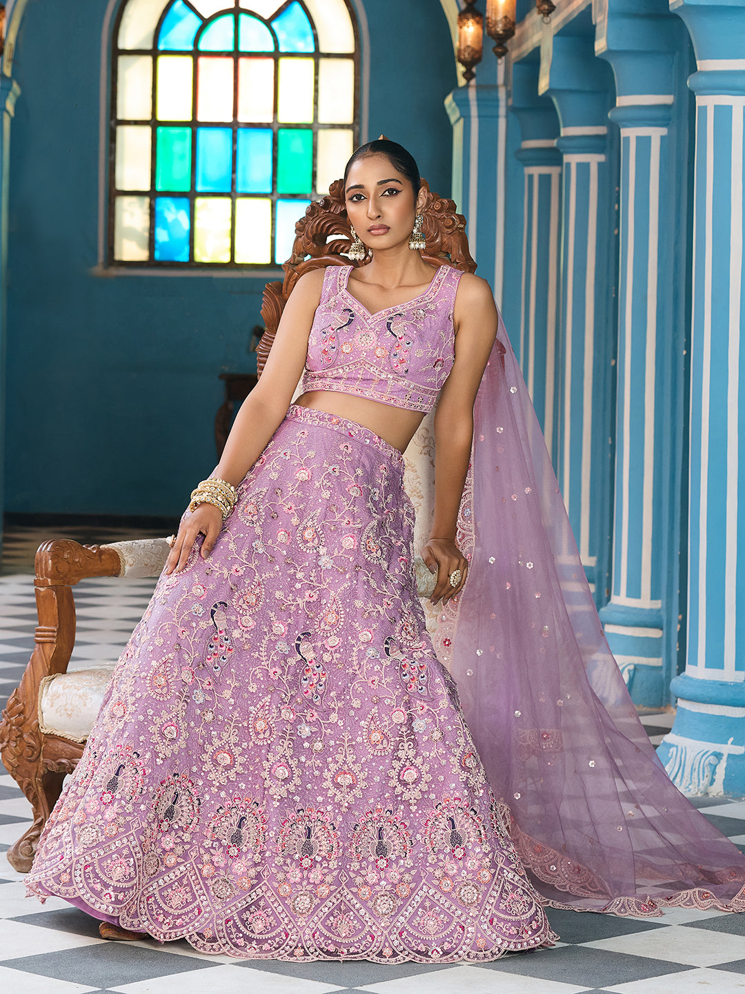 MAUVE - Net Fabric Sequins embroidery Semi-Stitched Lehenga & Unstitched Blouse With Dupatta