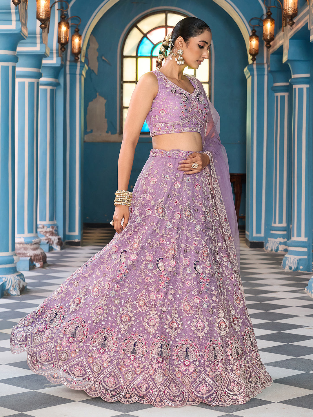 MAUVE - Net Fabric Sequins embroidery Semi-Stitched Lehenga & Unstitched Blouse With Dupatta