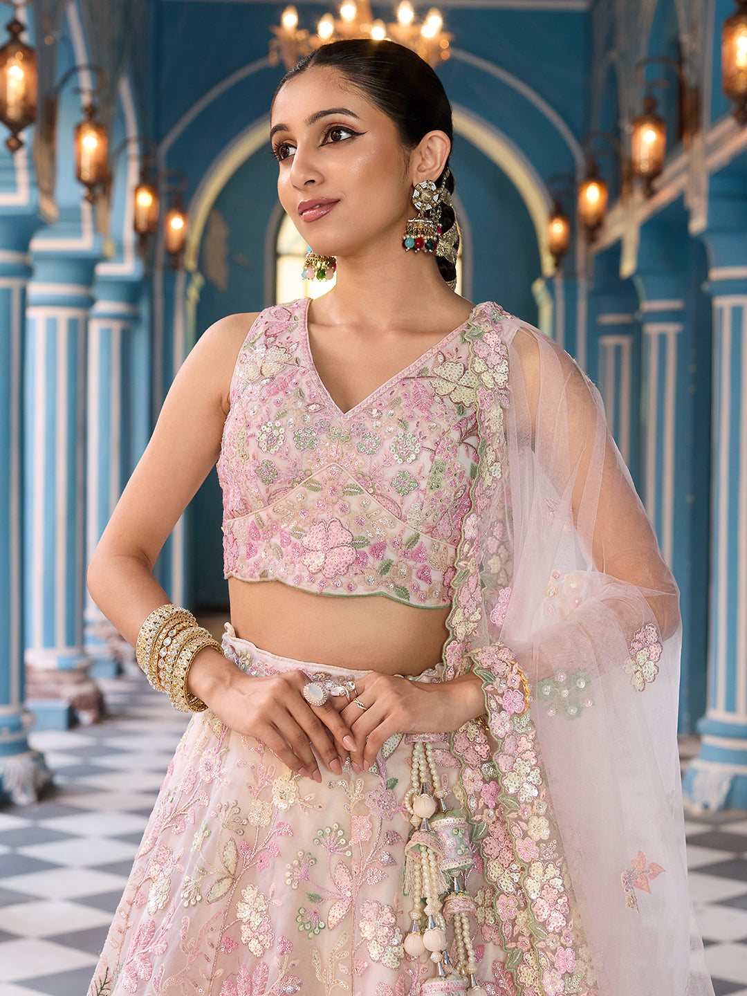 CREAM - Net Fabric Sequins embroidery Semi-Stitched Lehenga & Unstitched Blouse With Dupatta