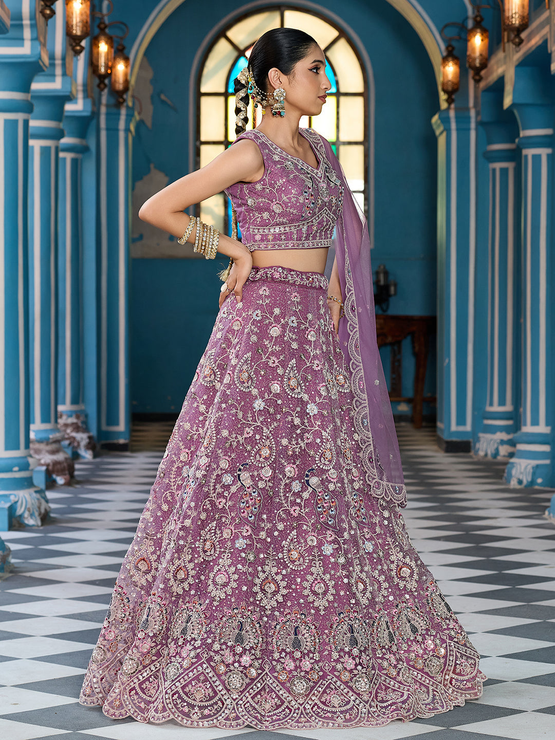 LAVENDER - Net Fabric Sequins embroidery Semi-Stitched Lehenga & Unstitched Blouse With Dupatta