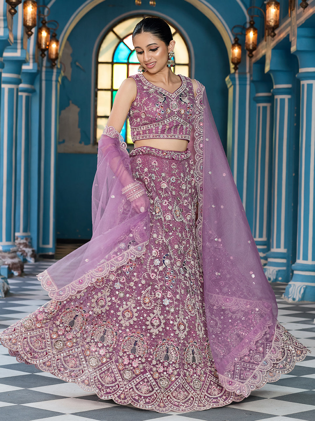 LAVENDER - Net Fabric Sequins embroidery Semi-Stitched Lehenga & Unstitched Blouse With Dupatta