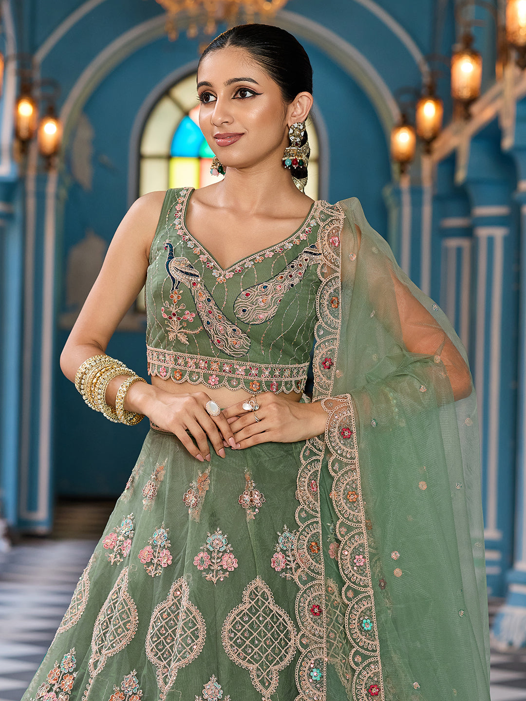 GREEN - Net Fabric Sequins embroidery Semi-Stitched Lehenga & Unstitched Blouse With Dupatta