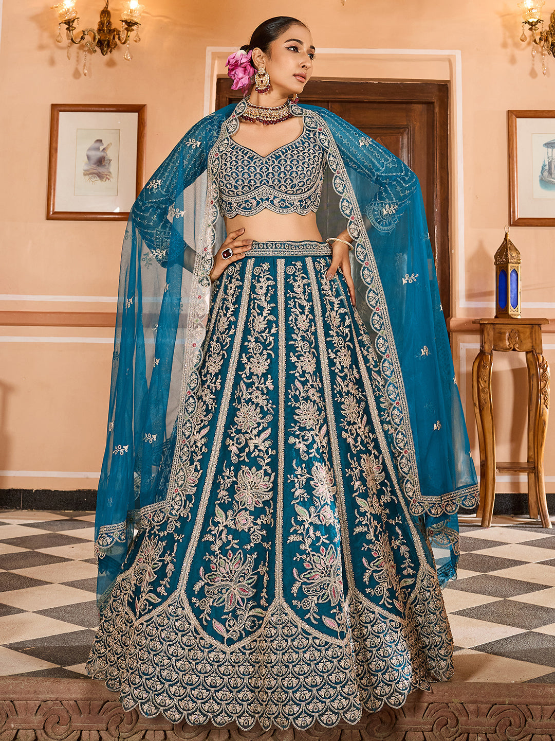 TEAL - Net Fabric Sequins embroidery Semi-Stitched Lehenga & Unstitched Blouse With Dupatta