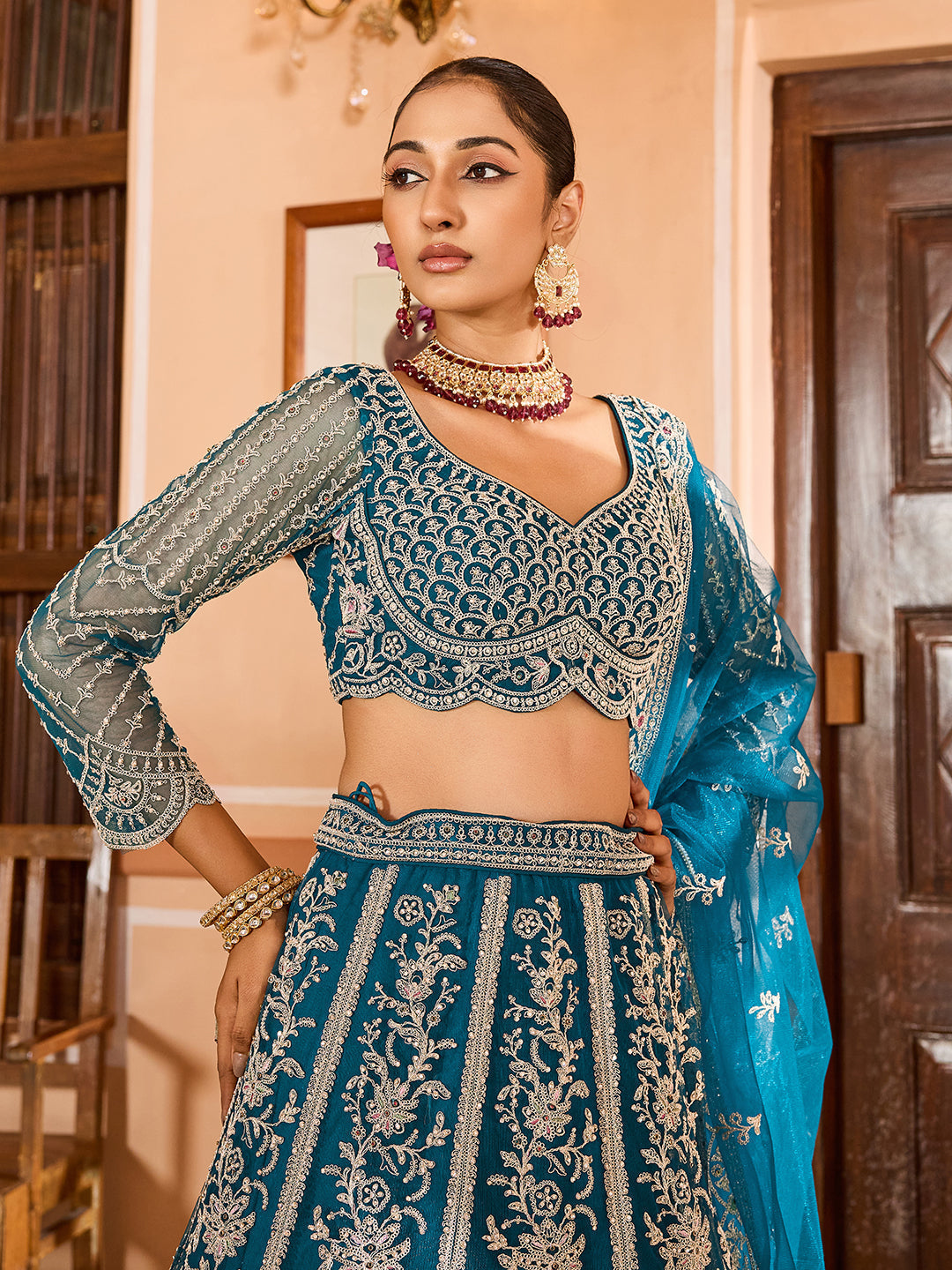 TEAL - Net Fabric Sequins embroidery Semi-Stitched Lehenga & Unstitched Blouse With Dupatta