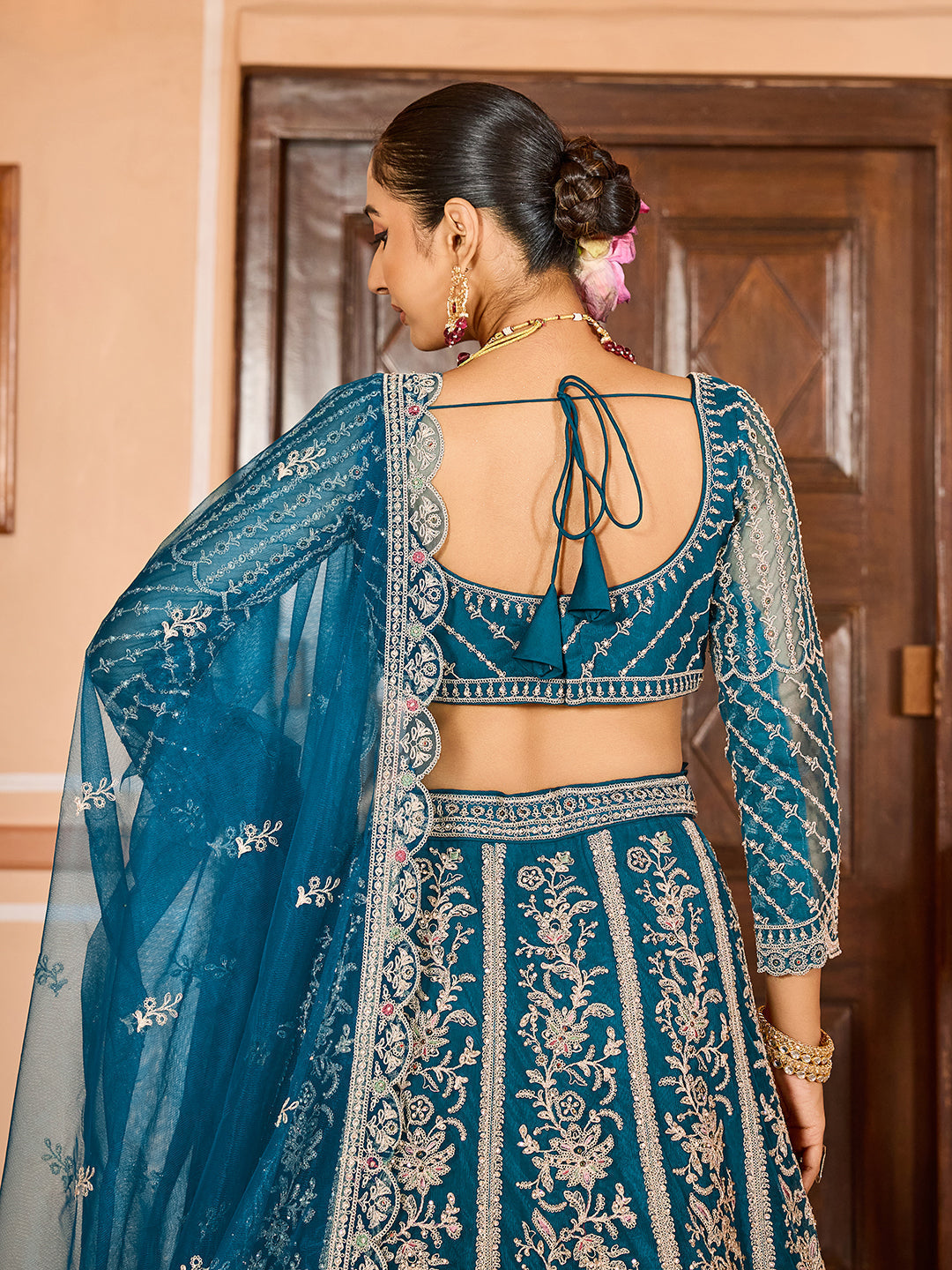 TEAL - Net Fabric Sequins embroidery Semi-Stitched Lehenga & Unstitched Blouse With Dupatta