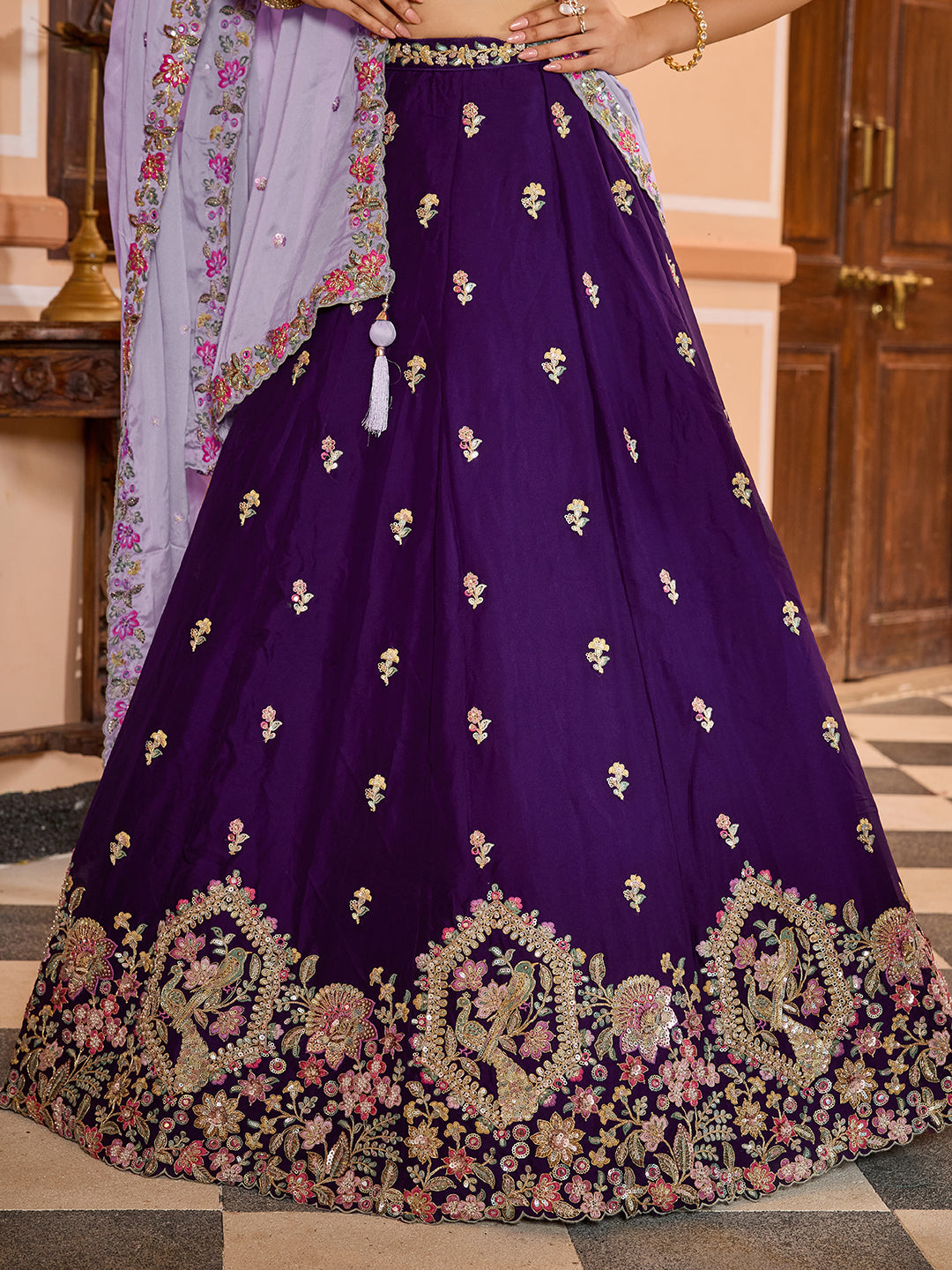 PURPLE - Georgette Fabric Sequins embroidery Semi-Stitched Lehenga & Unstitched Blouse With Dupatta